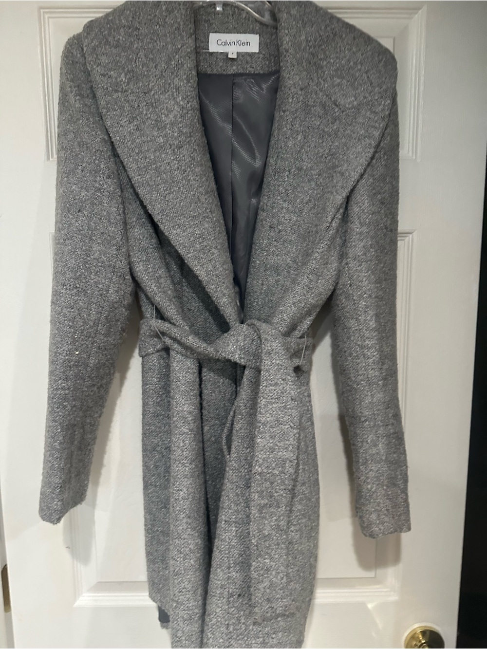 Calvin Klein Gray Belted Shawl Collar Trench Coat